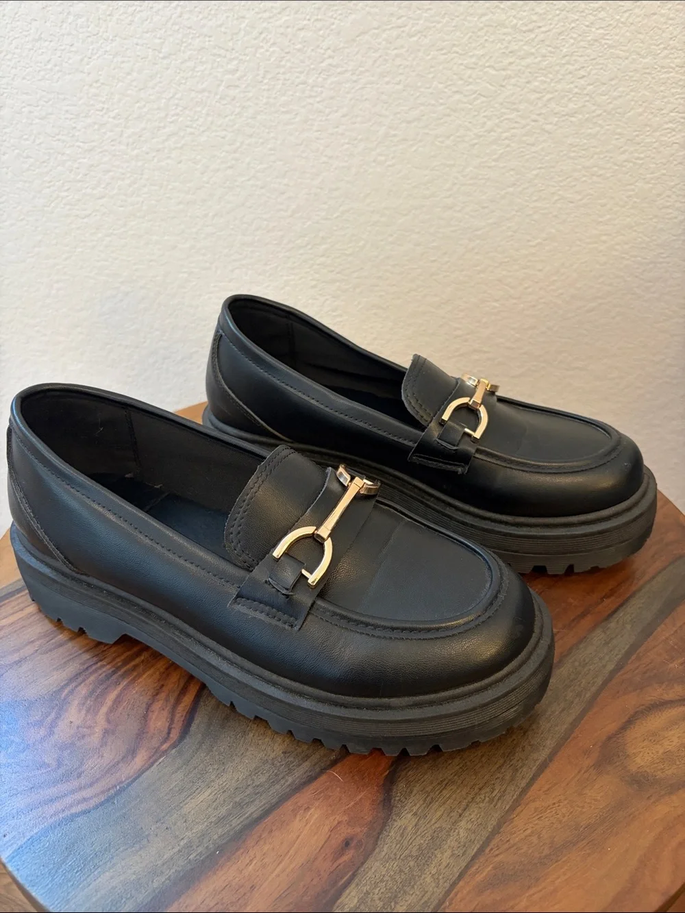Qupid Black Faux Leather Platform Loafers with Gold Horsebit Detail